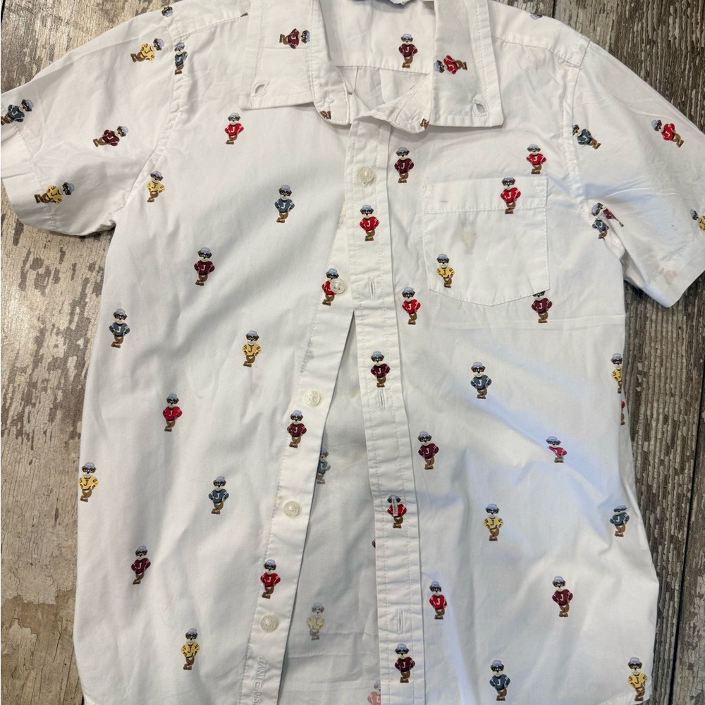 Janie and Jack White Button down Shirt with Multicolor Bull Dog Design